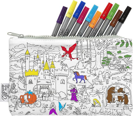 eatsleepdoodle DIY Coloring Fairy Tale Pencil Case for Kids with 10pcs Washable Markers, Reusable Art Supply Organizer, Fun Arts & Crafts Activity for Boys & Girls, Creative Gift Idea for Ages