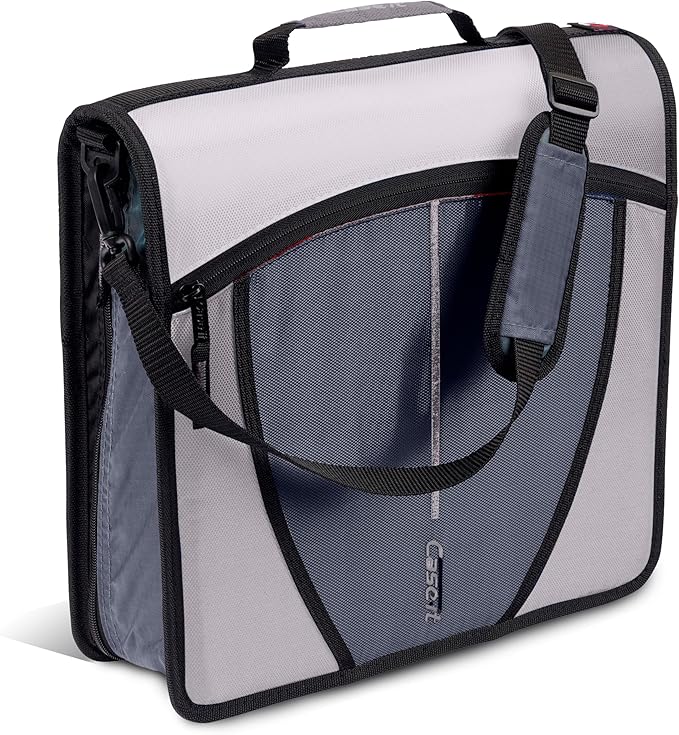 Case-it Mighty Zip Tab School Zipper Binder | 3-Inch O-Rings, 600-Sheet Capacity, 5-Subject Expanding File Folder, Multiple Pockets & Storage Organizer, Shoulder Strap | D-146 Warm Gray