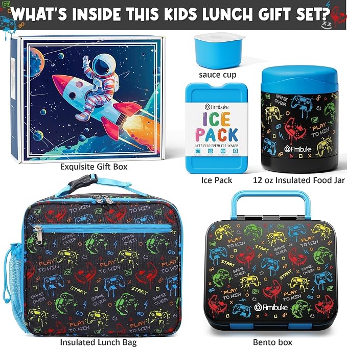 Fimibuke Bento Lunch Box for Kids Toddler Boys with 12OZ Insulated Food Jar | 3-Compartment 32OZ Snack Lunch Container Bento Box, Lunch Bag & Ice Pack Set for Age 3-12 School Daycare Camp, Gamepad