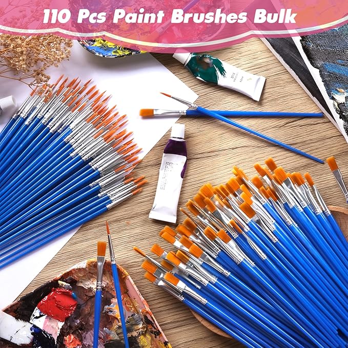 Small Paint Brushes Bulk, 110 Pcs Flat Tip Round Acrylic Paint Brushes for Kids Classroom Acrylic Watercolor Canvas Face Painting Touch Up