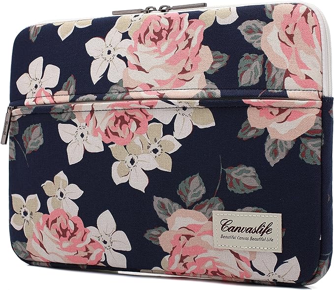 Canvaslife White Rose Pattern 13 inch Canvas Laptop Sleeve with Pocket 13 inch 13.3 inch Laptop case 13.1 case 13.6sleeve