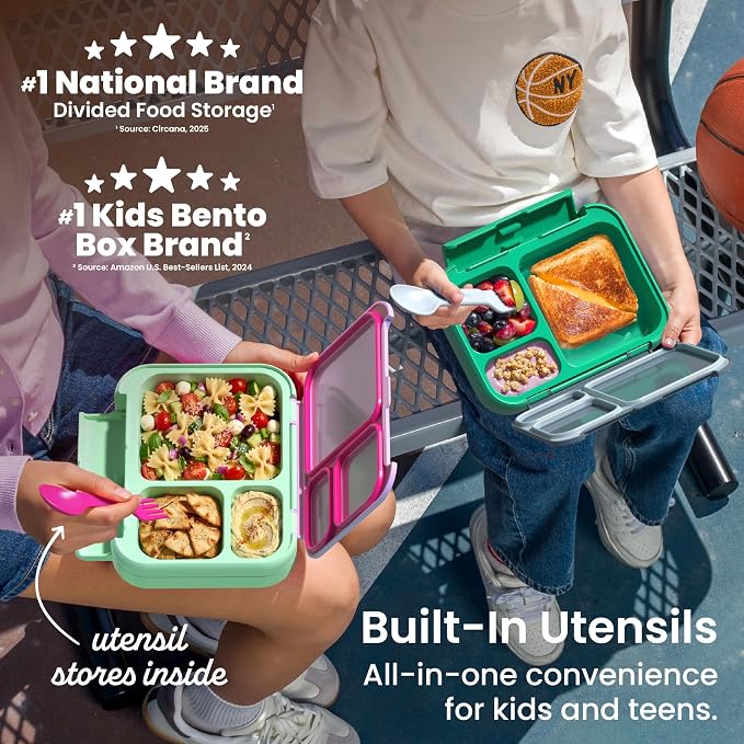 Bentgo Kids Stow & Go Leak-Proof Lunch Box with Built-In Utensil | 3.5-Cup Capacity, Removable Tray, Portion-Perfect Compartments for Kids and Teens, 2-in-1 Spoon & Fork (Gray Leaf)