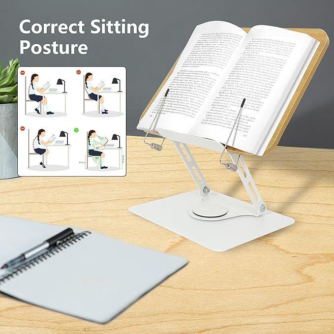 Book Stand for Reading,360°Rotating Base Book Holder for Reading Hands Free,Cookbook Stand,Wooden Panel Aluminium Base Stand for Cookbook,Laptop,Textbook