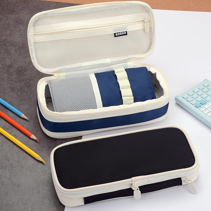 Large Capacity Big Special Cute Aesthetic Preppy Canvas Pencil Case Organizer Holder Pouch Bag with Zipper Compartments, Pen Cases for Women Girls School Adults (Navy)