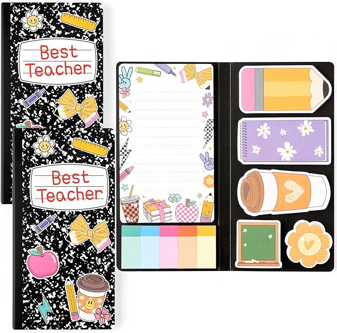 B1ykin Best Teacher Sticky Notes Set - Black Composition Line Teacher Self-Stick Notes Pad, 550 Sheets Writing Memo Pages Sticky Notepad for Teacher Appreciation Gifts, School Office Supplies (2Pcs)