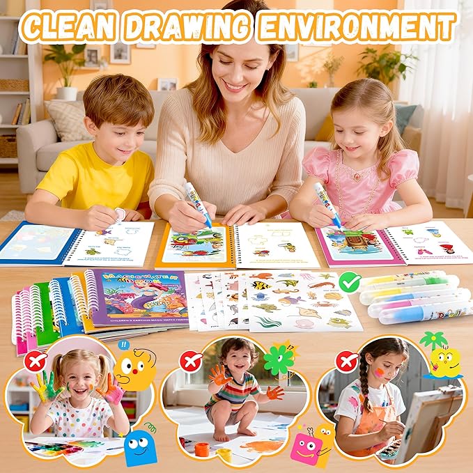 3P Water-Reveal Coloring Book for Toddlers–Mess Free Reusable Water Painting Pad with Pen,Unicorn/cute princess/mermaid Themes,Travel Activities,Party Favors,Holiday & Birthday Gifts for Kids Ages 3+