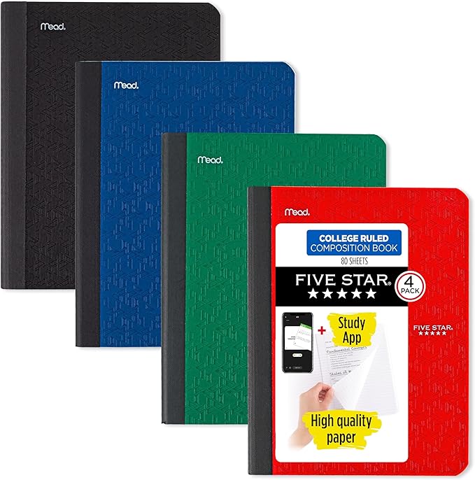 Five Star Composition Book + Study App, 4 Pack, College Ruled Paper, 7-1/2" x 9-3/4", 80 Sheets, Forest Green, Pacific Blue, Fire Red and Black (850065B-ECM)