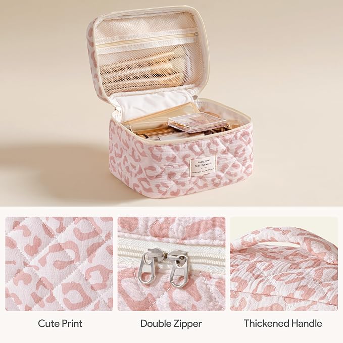 HBselect Quilted Makeup Bag, 3Pcs Cotton Large Travel Makeup Bags Organizer | Cute Floral Make up Bag Cosmetic Bag Toiletry Bag for Women Girls, Makeup Pouch for Skincare, Brushes & Travel Essentials