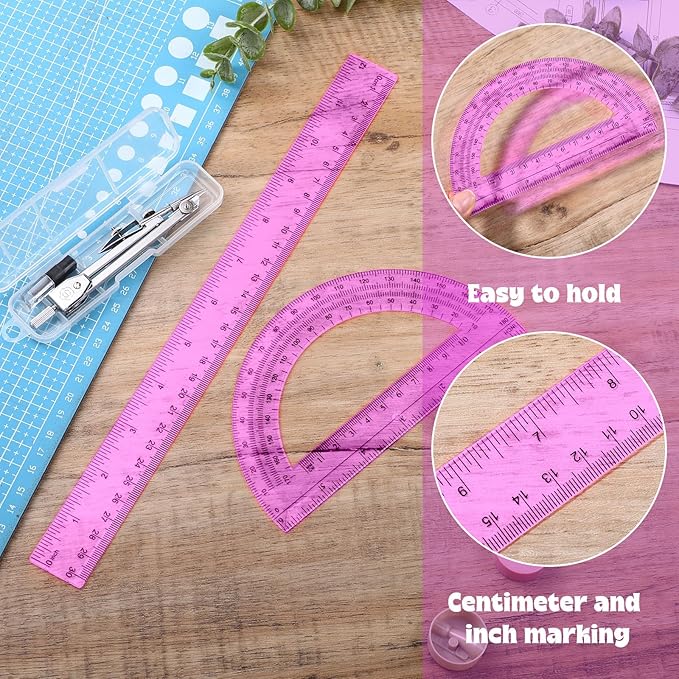 Zonon 3 Pcs Plastic Ruler 6 Inch Protractor Drawing Compass Set, Student Geometry Math Transparent Measuring Tools for Home School Classroom Office Supplies(12 Inch,Pink)