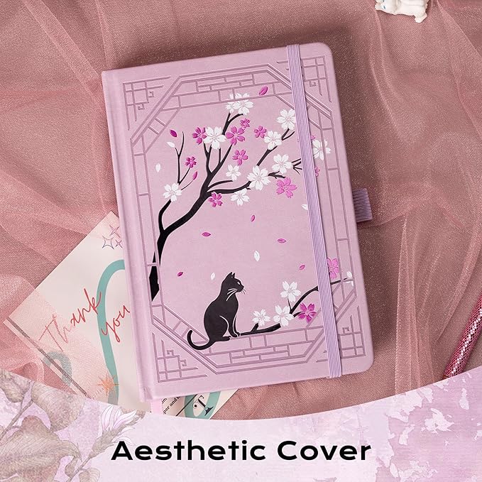 TIEFOSSI A5 Lined Journal, Cute Cat Journal for Women Girls, College Ruled Notebook with Pretty Sakura Pattern, Aesthetic Diary for Writing Journaling Drawing, Golden Edges