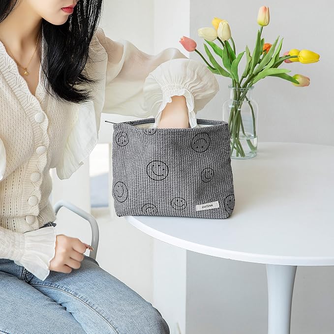 Makeup bag for Women, Corduroy Cosmetic Bag Aesthetic Design Ladies Tote Bag,Cute Smiley Face Makeup Organizer with Zipper - Gray