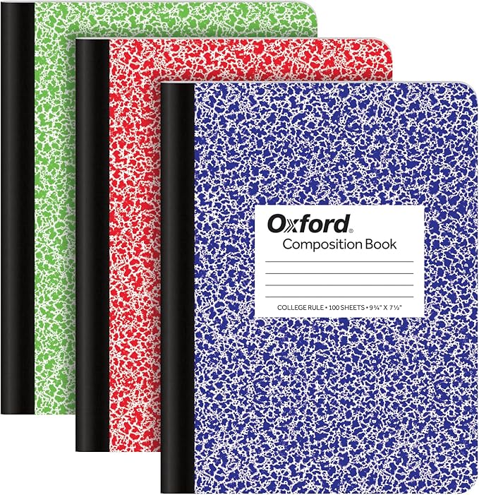 Oxford Composition Notebooks, 9-3/4 x 7-1/2 Inch School Journals, College Ruled Paper, Primary Color Marble Covers, 100 Sheets per Book (1002518),(pack of 24)