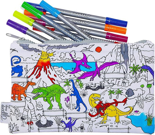 eatsleepdoodle DIY Coloring Dinosaur Pencil Case for Kids with 10pcs Washable Markers, Reusable Art Supply Organizer, Fun Arts & Crafts Activity for Boys & Girls, Creative Gift Idea for Ages