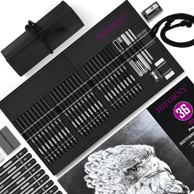 HIFORNY 36 PCS Sketching Drawing Pencil Set,Sketch Pencils Art Supplies with Graphite,Charcoal,Blending Tools,Accessories,Drawing Kit for Adults Artists in Canvas Roll Up Case