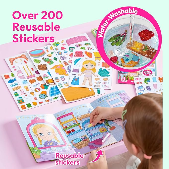 JOVA Klever Kits Reusable Sticker Book for Kids, My Dream Home 4 Play Scenes with 200+ Washable Stickers Plane Activity for Toddler Aged 3 4 5 6 7 8 Girls and Boys Birthday Gift