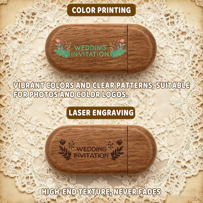 Wood USB Flash Drive Custom Logo USB Jump Drive 1GB/2GB/4GB/8GB/16GB/32GB/64GB/ Engraved Wood USB Memory Stick Thumb Drive with Box for Wedding/Couple/Parents - 5 Wood Types Optional(Oval Shape)