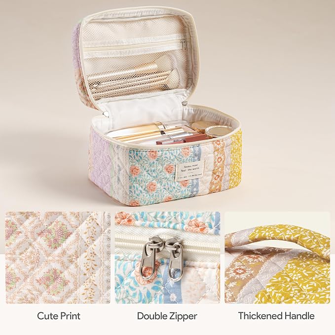 HBselect Quilted Makeup Bag, 3Pcs Cotton Large Travel Makeup Bags Organizer | Cute Floral Make up Bag Cosmetic Bag Toiletry Bag for Women Girls, Makeup Pouch for Skincare, Brushes & Travel Essentials