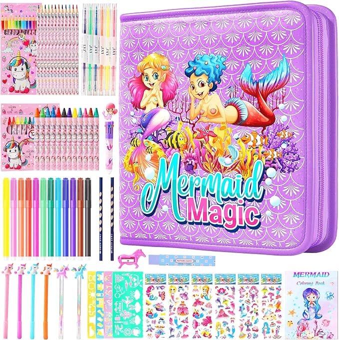 DOKKIA Fruit Scented Coloring Pens Markers Set 65 PCS Art Craft Drawing Case - Washable Kits Pencil,Gel Pen,Crayon&Coloring Book Supplies Mermaid Tail Purple