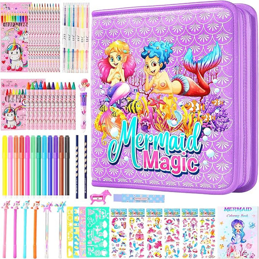 DOKKIA Fruit Scented Coloring Pens Markers Set 65 PCS Art Craft Drawing Case - Washable Kits Pencil,Gel Pen,Crayon&Coloring Book Supplies Mermaid Tail Purple