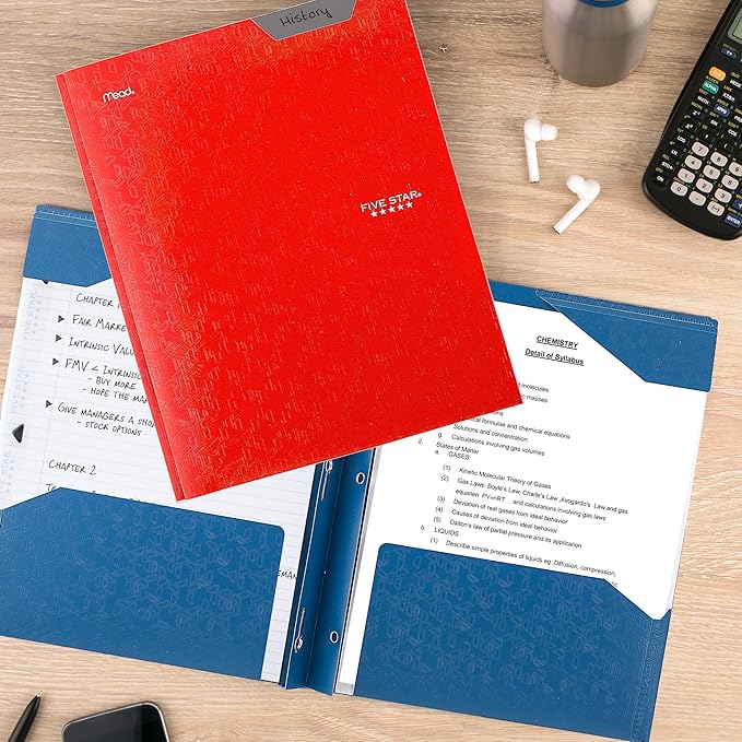 Five Star 2-Pocket Folder, Plastic Folder with Stay-Put Tabs and Prong Fasteners, Holds 8-1/2" x 11" Paper, Fire Red (72109)