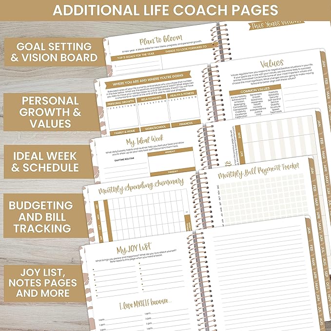 bloom daily planners UNDATED Calendar Year Day Planner - Passion/Goal Organizer - Start Anytime Monthly/Weekly Agenda Book with Tabs (January to December) - 5.5" x 8.25" - Tan Leopard