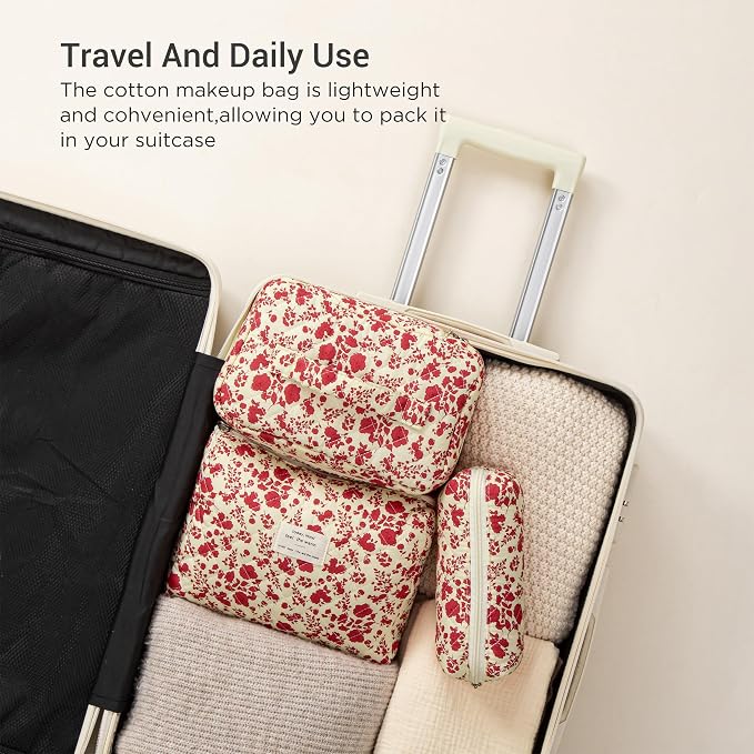 HBselect Quilted Makeup Bag, 3Pcs Cotton Large Travel Makeup Bags Organizer | Cute Floral Make up Bag Cosmetic Bag Toiletry Bag for Women Girls, Makeup Pouch for Skincare, Brushes & Travel Essentials