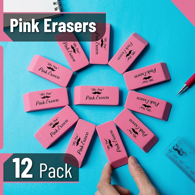Mr. Pen- Pink Pencil Eraser, 12 Pack