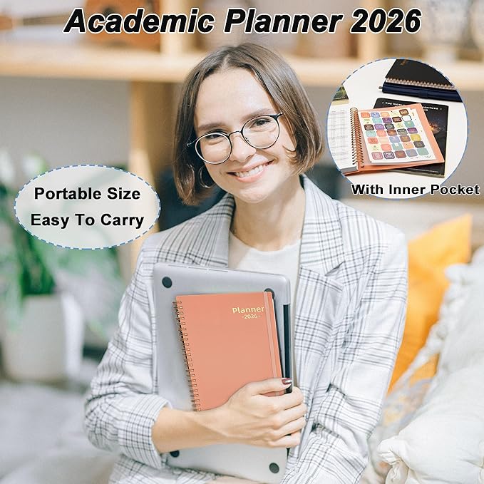 Day Planner 2026, Weekly and Monthly Planner 2026, Jan 2026-Dec 2026, 6.2" x 8.4", Calendar Daily Planner with Tabs & Pocket, 100GSM Thick Paper, Pink