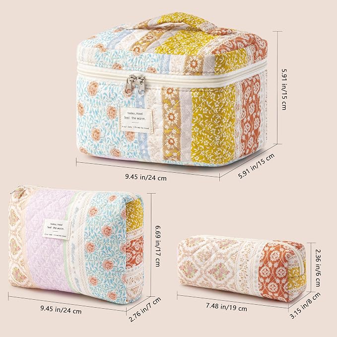 HBselect Quilted Makeup Bag, 3Pcs Cotton Large Travel Makeup Bags Organizer | Cute Floral Make up Bag Cosmetic Bag Toiletry Bag for Women Girls, Makeup Pouch for Skincare, Brushes & Travel Essentials