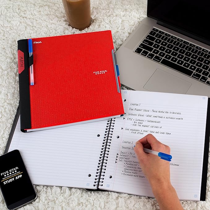 Five Star Advance Spiral Notebook + Study App, 3 Subject, College Ruled Paper, 8-1/2" x 11", 150 Sheets, Spiral Guard, Movable Tabbed Dividers, Fire Red (73134)