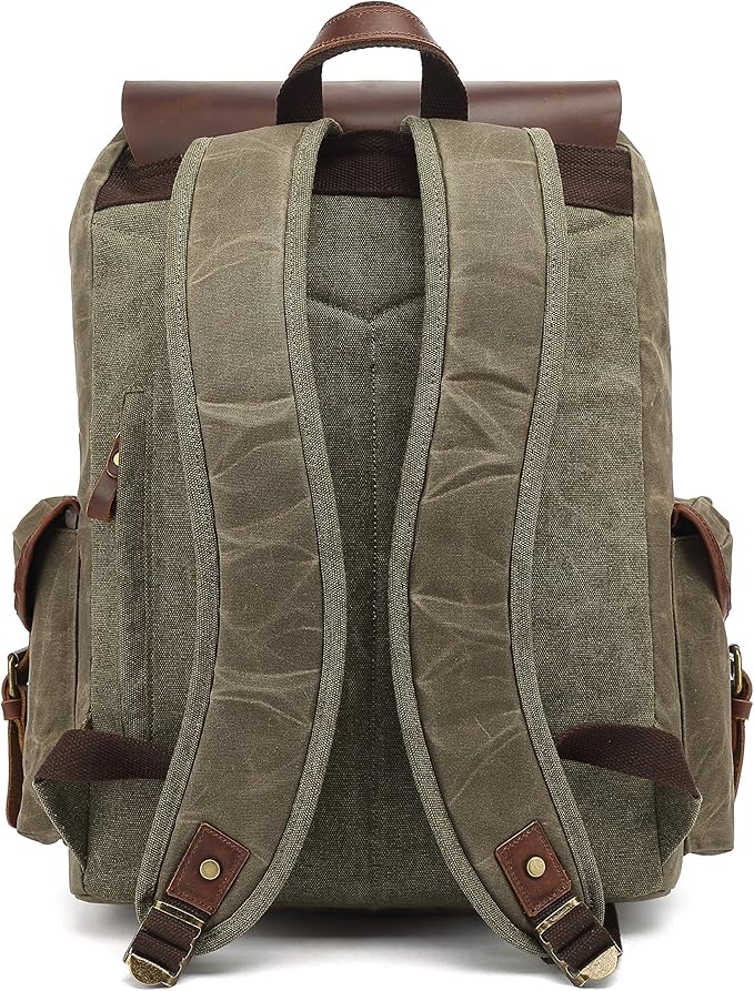 Genuine Leather Canvas waxed Backpack Travel Rucksack Laptop Bag Army Green
