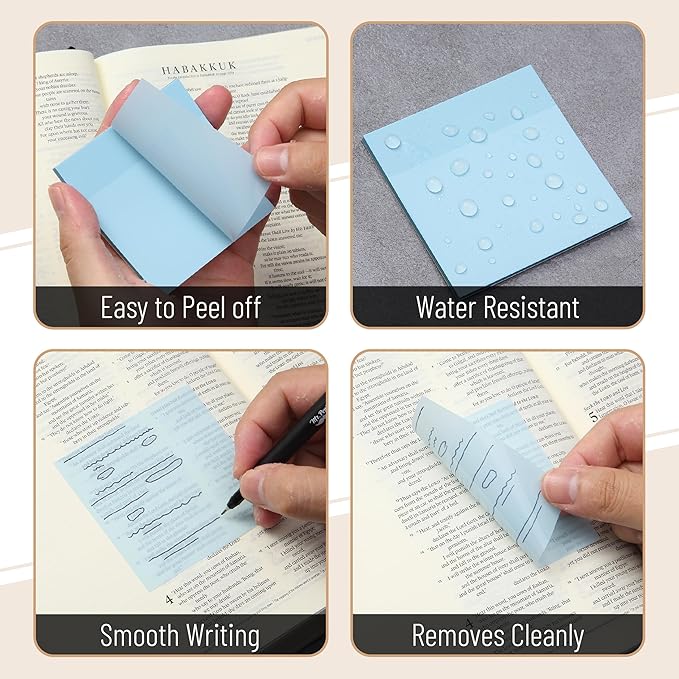 Mr. Pen- Transparent Sticky Notes, 3" x 3", 12 Pads, 600 Sheets, See Through Self-Adhesive Notes for Bible Journaling and Studying, Water-Resistant, Easy to Peel, Clean Removal