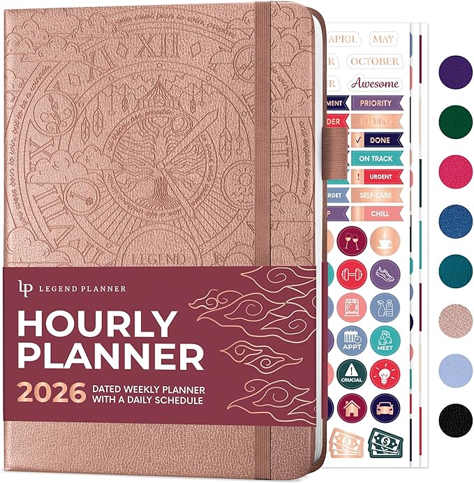 Legend Dated Hourly Weekly Planner 2026 – Daily, Monthly & Yearly Agenda with Time Slots – Hardcover Organizer Journal, 5.8x8.3” (Rose Gold)