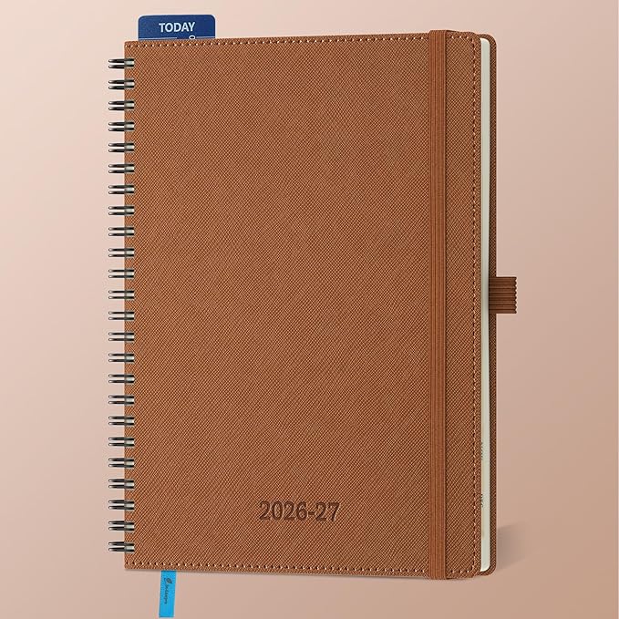 Planner 2026-2027 Daily Weekly and Monthly,8.5"x6.5",18 Months Spiral Bound Calendar Agenda with Self-adhesive Pen Holder,2026 Academic Plan with Vegan Leather Soft Cover,Brown