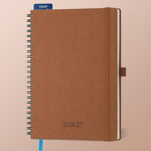 Planner 2026-2027 Daily Weekly and Monthly,8.5"x6.5",18 Months Spiral Bound Calendar Agenda with Self-adhesive Pen Holder,2026 Academic Plan with Vegan Leather Soft Cover,Brown