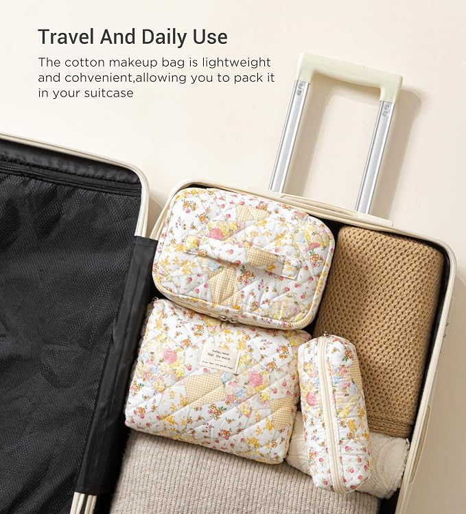 HBselect Quilted Makeup Bag, 3Pcs Cotton Large Travel Makeup Bags Organizer | Cute Floral Make up Bag Cosmetic Bag Toiletry Bag for Women Girls, Makeup Pouch for Skincare, Brushes & Travel Essentials