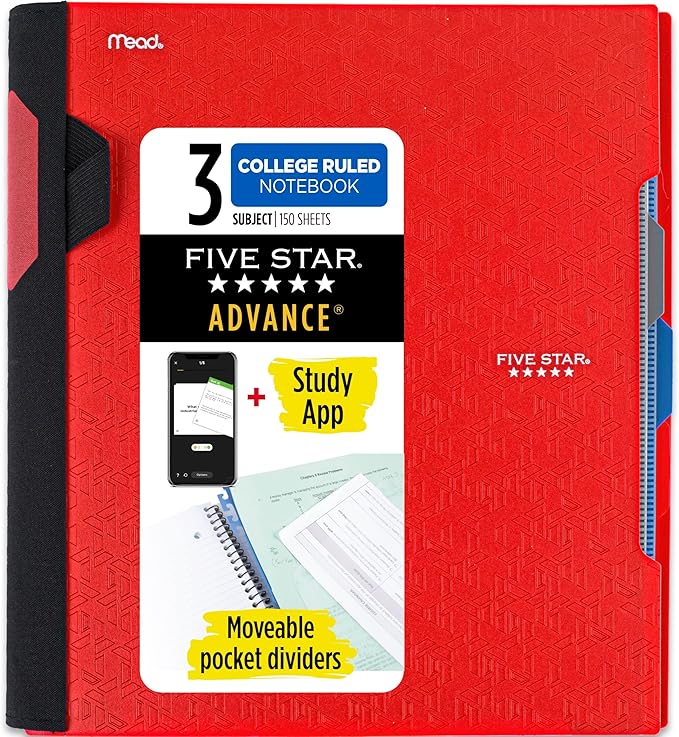 Five Star Advance Spiral Notebook + Study App, 3 Subject, College Ruled Paper, 8-1/2" x 11", 150 Sheets, Spiral Guard, Movable Tabbed Dividers, Fire Red (73134)