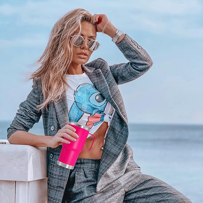 20 oz Tumbler with Handle and Lid, Stainless Steel Tumbler Insulated Travel Coffee Mug, Spill Proof Double Wall Vacuum Tumbler Cup Keep Drink Hot & Cold, Hot Pink, 1 Pack