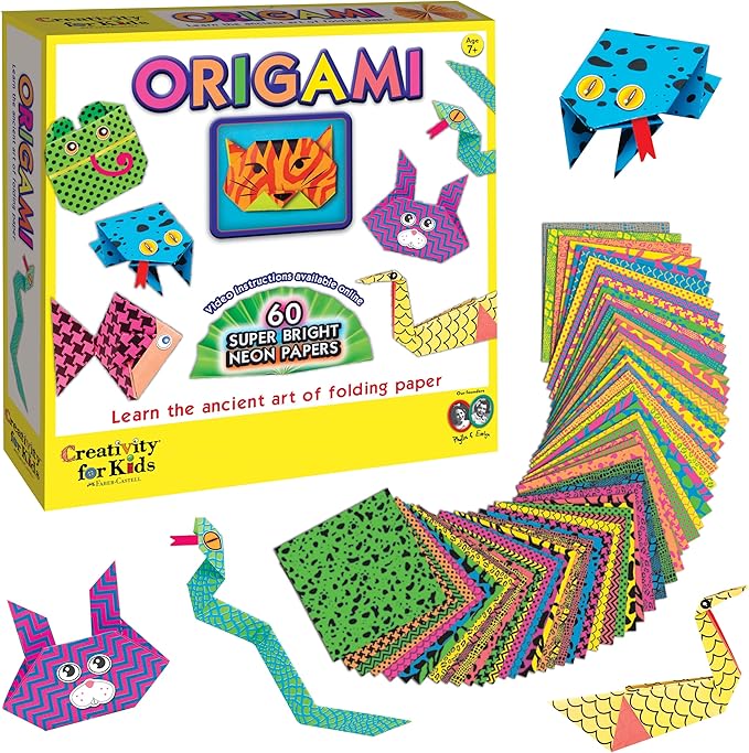 Creativity for Kids Origami Kit, 60 Bright Origami Papers, DIY Arts & Crafts for Kids, Neon Origami Animals, Video Tutorial Online (Ages 7+)