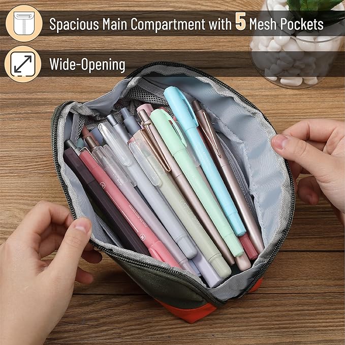 Mr. Pen- Fabric Pencil Case Pouch, 5 Mesh Pockets, Olive Green & Orange, Triangular Shape Pencil Pouch