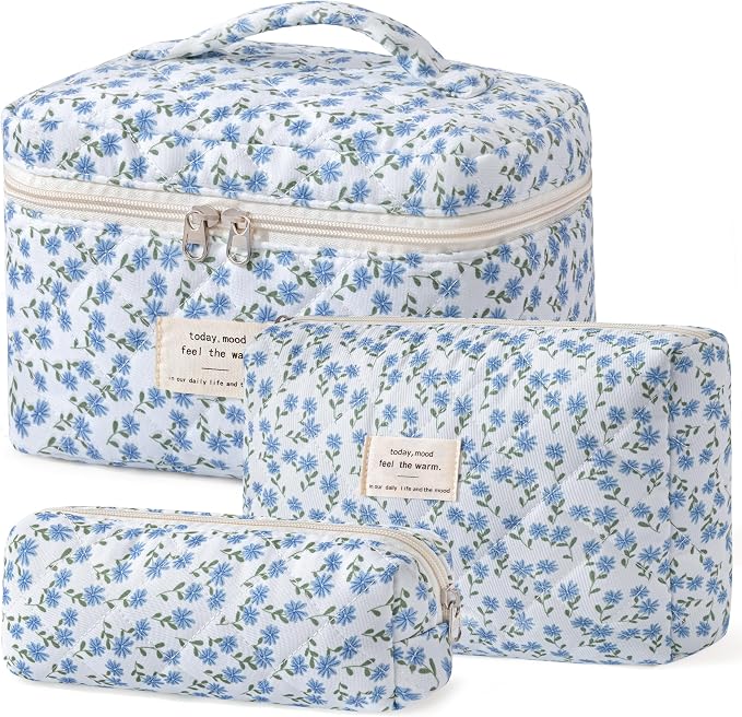 HBselect Quilted Makeup Bag, 3Pcs Cotton Large Travel Makeup Bags Organizer | Cute Floral Make up Bag Cosmetic Bag Toiletry Bag for Women Girls, Makeup Pouch for Skincare, Brushes & Travel Essentials