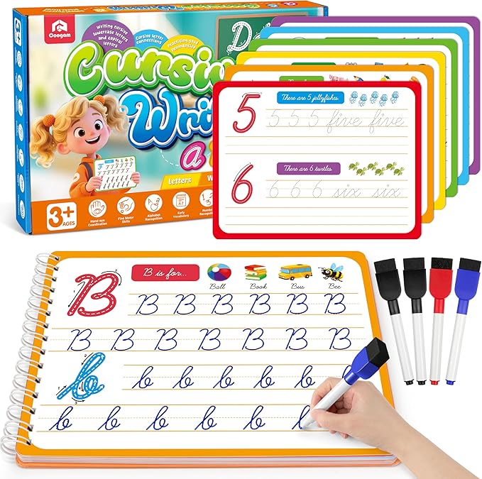 Coogam Magic Practice Copybook for Kids Age 3-12, Dry-Erase Writing Practice Book - Cursive Handwriting Aid With Alphabet Nmubers Words Sentences for Children and Beginners