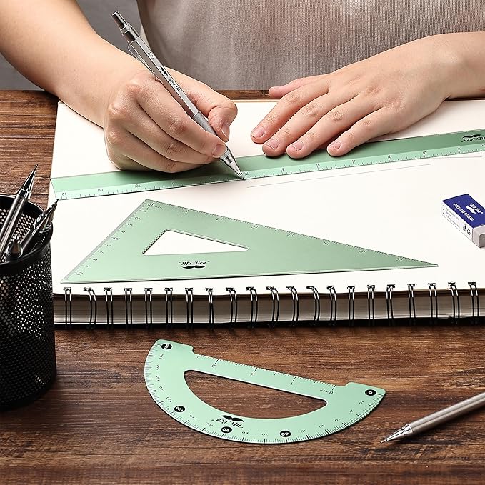 Mr. Pen- Metal Geometry Kit, 4 Pack, 45° & 30°/60° Set Squares, 6" Protractor & 12" Ruler, Durable Metal Drafting Tools for Technical Drawing, Math, Engineering & Architecture