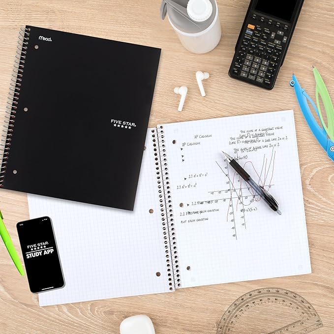 Five Star Spiral Notebook + Study App, 1 Subject, Graph Ruled Paper, 8-1/2" x 11", 100 Sheets, Fights Ink Bleed, Water Resistant Cover, Black (73679)