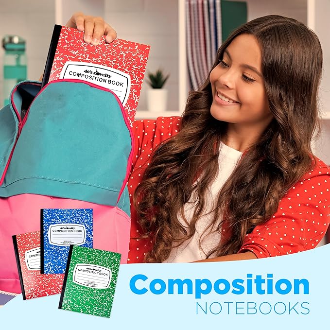 4E's Novelty Wide Ruled Composition Notebooks - Pack of 6- Hard Cover 100 Sheets 9.75" x 7.5" - Red Blue Green Cute Marble Colors, Bulk Compositon Book Wide Ruling, Back to School Supplies