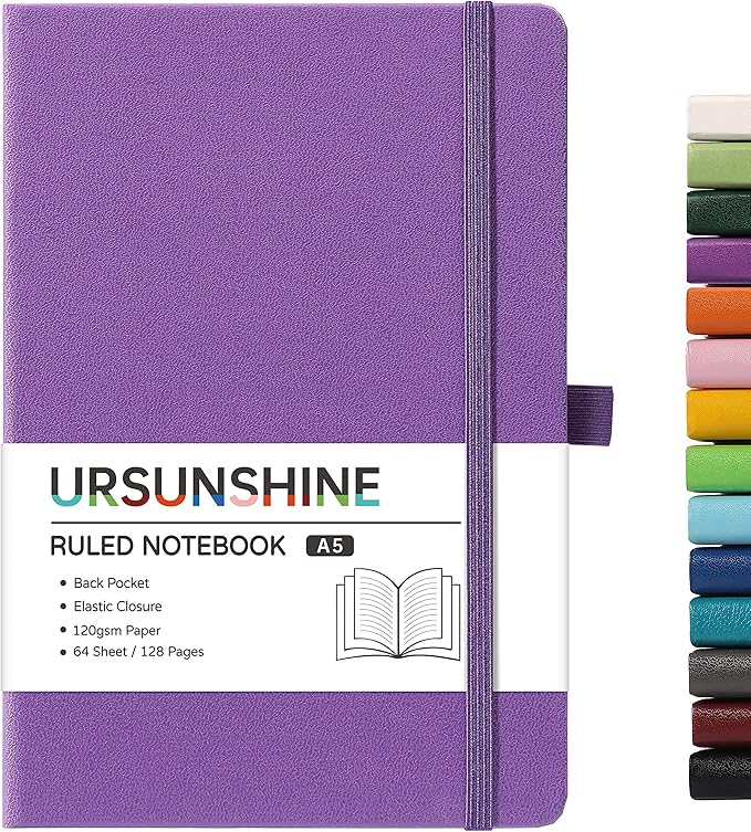 Ruled Notebook/Journal - Classic Lined Journal/Notebook, 5.3'' x 8.26'', Hardcover with Thick Paper, Banded + Pen Holder +Inner Pocket - Purple