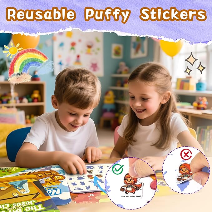 Reusable Sticker Books for Toddlers 1-3, Puffy Stickers Book for Kids Ages 2-4, Toddler Travel Activities Book Toy for Birthday Christmas - Christianity Jesus, Noah's Ark, Fairy Tales(3 Set)