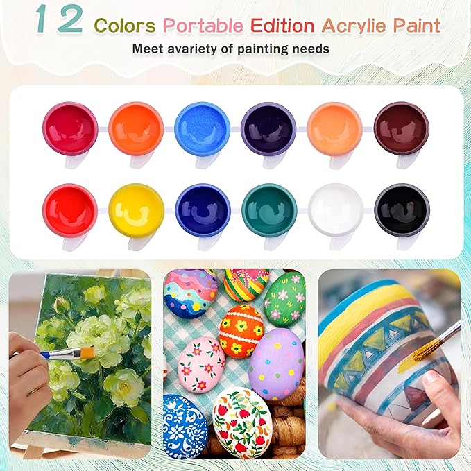 6 Pack 8x10 Inch Canvas and Easel Set, Sip and Paint Kit for Adults,Art Canvas Bulk with Easels Stands, Trays,Small Paint Brushes,12 Colors Mini Acrylic Paint Set for Couples and Party Supplies