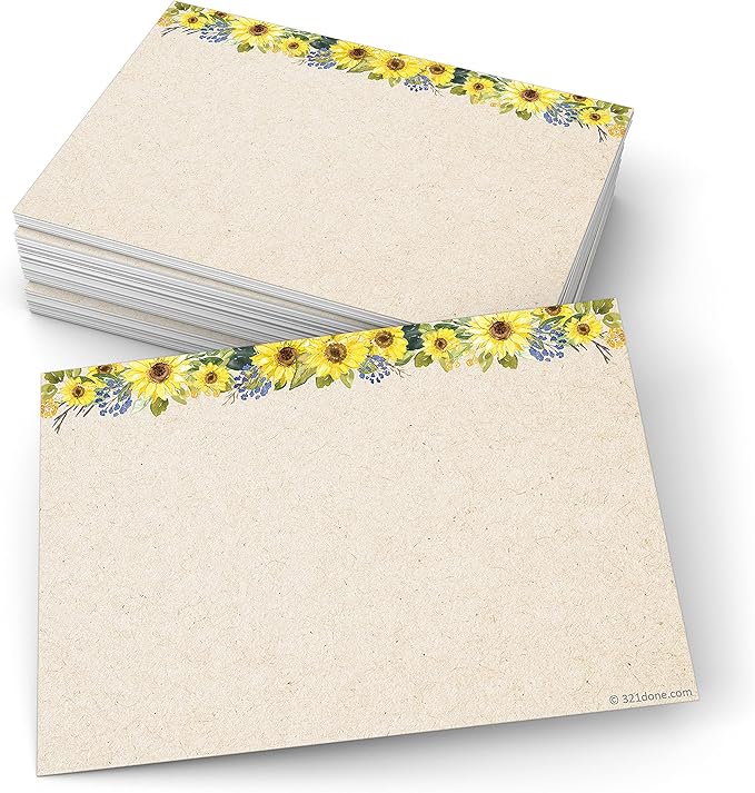 321Done Floral Sunflower Index Cards - (50) 4x6 Cards Kraft - Blank, No Lines - For Studying, Learning, Flashcards, Desk Notes, Messages, Notecards, Card Making - Cute, Pretty, Fancy - Made in USA