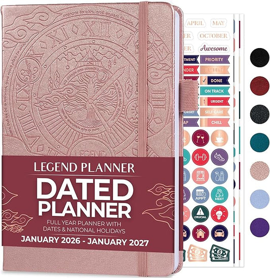 Legend Planner Jan 2026 – Jan 2027 Dated Weekly & Monthly Planner to Hit Your Goals, Increase Productivity & Live Happier. Organizer Notebook & Productivity Journal. A5 Hardcover (Rose Gold)